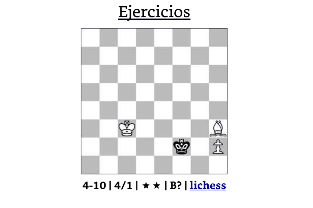 Página de ejercicios del libro: un diagrama bajo el título «Ejercicios», con su referencia, su nivel de dificultad en estrellas y el enlace a Lichess.