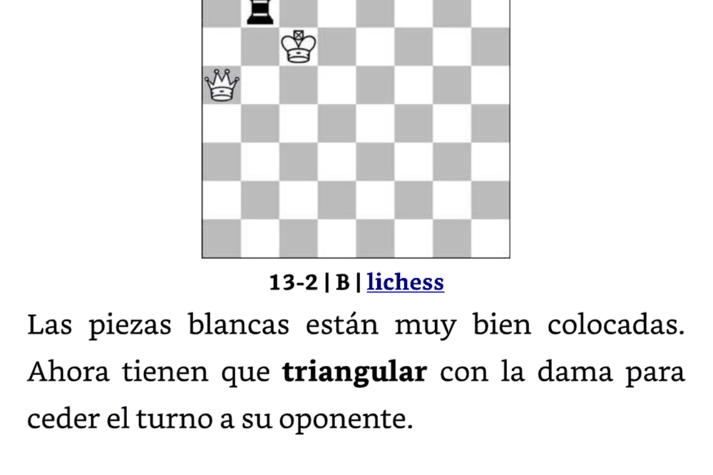 Página del libro con un diagrama del estudio de Philidor, el enlace «lichess» bajo el tablero y el comentario del análisis.