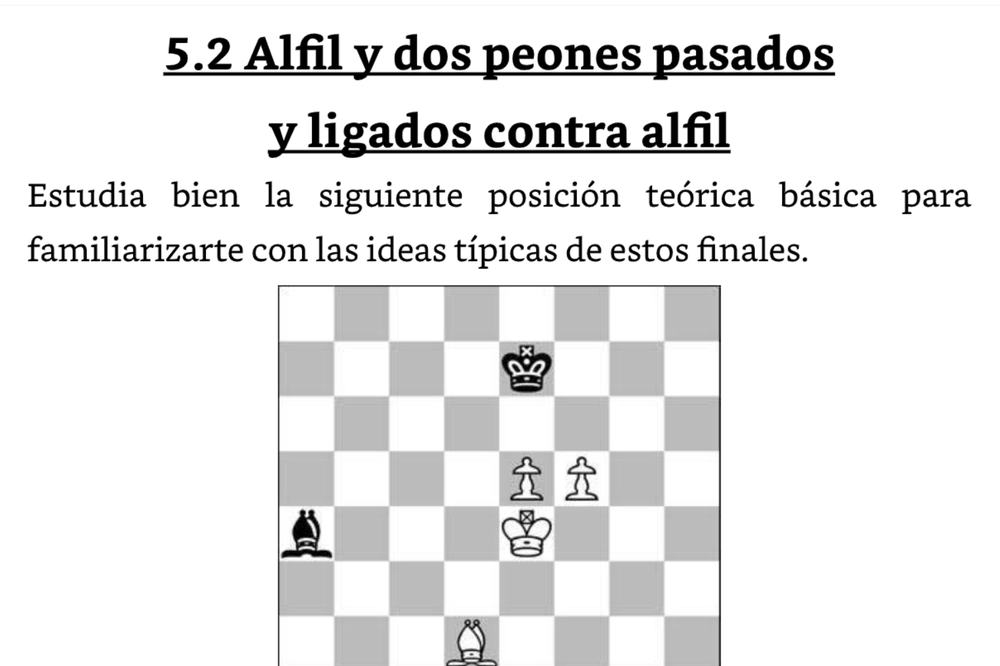 Página del libro con el epígrafe «5.2 Alfil y dos peones pasados y ligados contra alfil», el texto que introduce la posición teórica y el diagrama correspondiente.